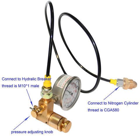 JY03 Nitrogen Gas Charging Kit For Hydraulic Breaker Hammer With M10 1 Thread Connection, showing pressure gauge and adjusting knob.