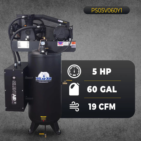 Workhorse Industrial 3 Cylinder Silent Air Compressor With 5HP 60 Gallon Vertical Tank 2-Stage 19 CFM 230V Single Phase