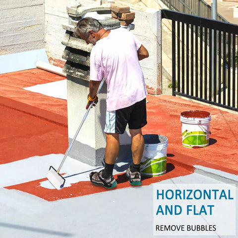 Person using heavy duty spike roller kit for self leveling concrete and epoxy floors with pro grade 9 inch screed roller and pole.
