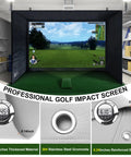 Gray Fireproof Golf Simulator Impact Screen With 3D Air Mesh For Indoor Outdoor Practice HD Golf Hitting Screen For Home Setup With Grommet Holes And Bungee Cords Low Light Reflection And Rich Color setup in room with golf course image.