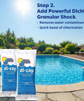 Pre Measured Pool Opening Kit For Up To 35,000 Gallons With Sodium Dichlor Clarifier And Algaecide shown near a poolside scene