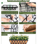Installation steps for Three Pack 24 Inch Deck Railing Planter With Coconut Coir Liner showing assembly and final planter with flowers.