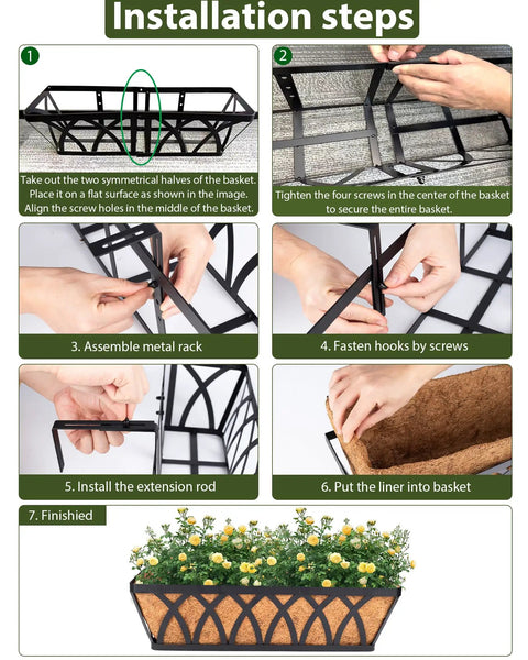 Installation steps for Three Pack 24 Inch Deck Railing Planter With Coconut Coir Liner showing assembly and final planter with flowers.