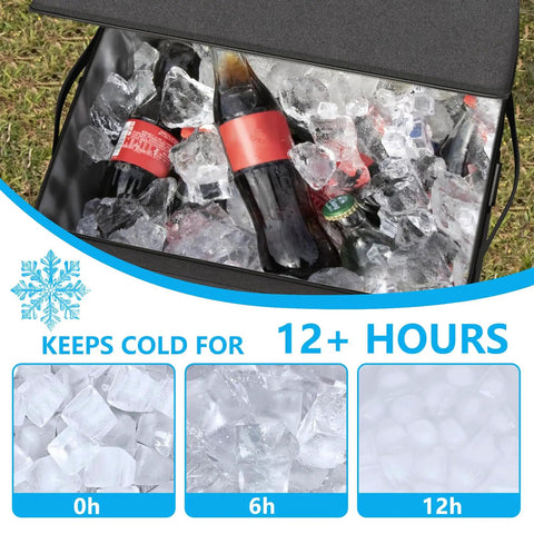 Rolling Cooler With Wheels And Handle 29 Liter 50 Can Capacity Portable Soft Leakproof Insulated Wheeled Cooler open, filled with ice and drinks