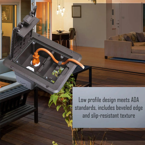 DOC320Z Outdoor Deck Power Cover 1-Gang Bronze With Low Profile Beveled Edge Slip-Resistant Texture UV-Resistant Polycarbonate ADA Compliant Cord Hooks For Two Cords installed on a deck