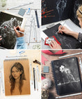 Artists using 14 Piece White Charcoal Pencil Set For Drawing And Sketching, Pro Grade White Chalk Pencils With Art Knife, Erasers, Blending Stumps.