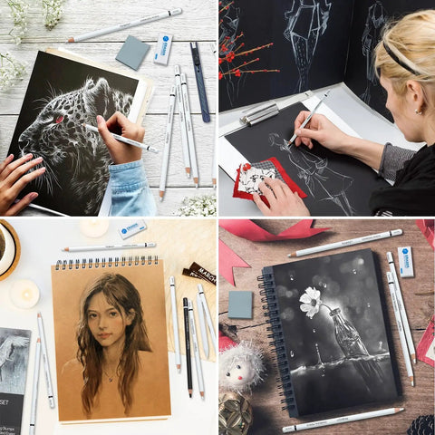Artists using 14 Piece White Charcoal Pencil Set For Drawing And Sketching, Pro Grade White Chalk Pencils With Art Knife, Erasers, Blending Stumps.
