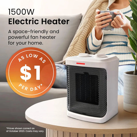 Person holding cup near Powerful 1500W Portable Electric Ceramic Space Heater With Adjustable Thermostat in living room