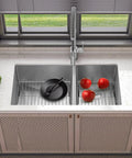 Badass Heavy Duty 304 Stainless Steel Sink Protector Grid with apples and a plate in a double sink, 16.15 x 12.4 size.