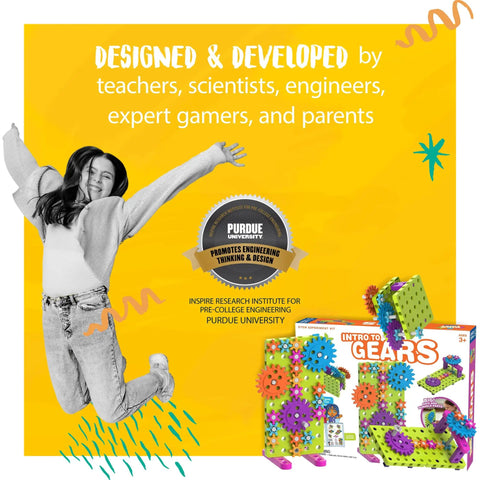 Image of Kids First Gears STEM Kit For Ages 3 And Up Hands On Gear Powered Models Four Builds Learn Gears Power And Motion Mechanical Engineering With Durable Parts For Curious Young Learners Fun And Educational with colorful box and gear models, background text highlighting educators and developers.