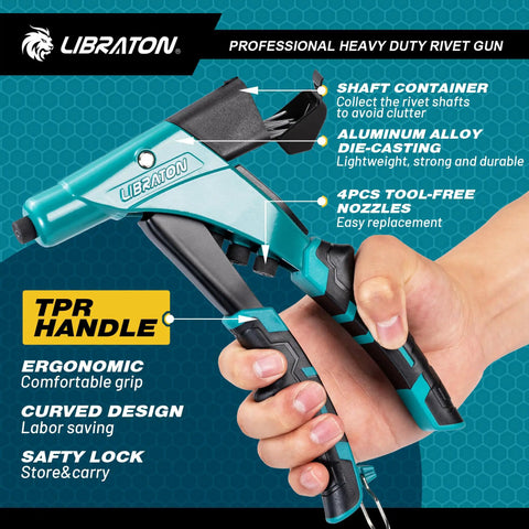 Libraton Heavy Duty Pop Rivet Gun One Handed for Aluminum Alloy with TPR handle and ergonomic grip, showcasing easy nozzle replacement.
