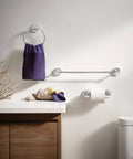 Bathroom wall with Iso Collection Double Post Pivoting Chrome Toilet Paper Holder For A Modern Bathroom No Fuss Install Sturdy Chrome Finish Sleek Wall Mount Accessory That Pairs With Other Iso Accessories, towel ring, and towel bar.