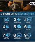 9 signs of a bad starter infographic with text and images highlighting issues like clicking sounds, hard to turn key, and smoke.