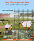 Easy DIY with Heavy Duty Vinyl Coated Chicken Wire Mesh Roll Seventy Two By One Hundred Feet, gloves and pliers showing hand-cut features.