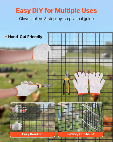 Easy DIY with Heavy Duty Vinyl Coated Chicken Wire Mesh Roll Seventy Two By One Hundred Feet, gloves and pliers showing hand-cut features.