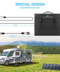 200W Portable Solar Panel For Off Grid Power with detachable power hub, cables, and RV setup in scenic landscape.
