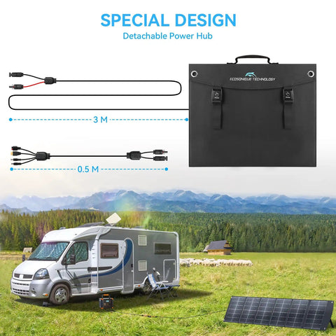 200W Portable Solar Panel For Off Grid Power with detachable power hub, cables, and RV setup in scenic landscape.