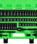 Impact Socket Set For Auto Work, 50 Piece Six Point Drive Three Eighths Inch, SAE And Metric Sizes, Cr-V Steel, with green case