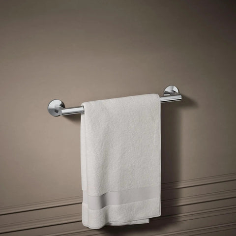 18-Inch Towel Bar in Polished Chrome, a slick modern bathroom accessory with premium metal build and tarnish-resistant finish, holding a towel