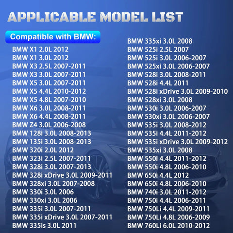 Applicable model list for Dual Camshaft Position Sensor Set For BMW 128i 135i 328i 335i X3 X5 Z4 2006-2012, includes model years.