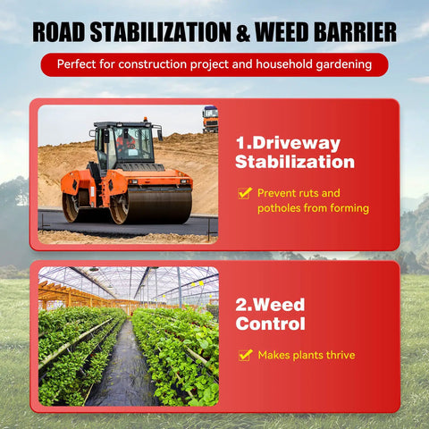 Heavy Duty Weed Barrier Landscape Fabric 6 Ft Wide By 300 Ft Long Roll Ground Cover Mat For Weed Block Garden Cloth And Underlayment Woven Geotextile For Driveways And Landscaping Built To Last showing road stabilization and weed control benefits.