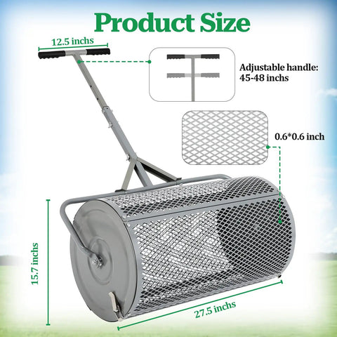 Diagram of 27 Inch Metal Roller Garden Spreader For Lawn And Topsoil With Adjustable Handle Built For Yard Work, showing dimensions