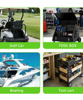 Magnetic Speaker Mount for Golf Carts Boats ATVs and UTVs Easy Strap Rail Mount on golf cart and toolbox for secure speaker setup.