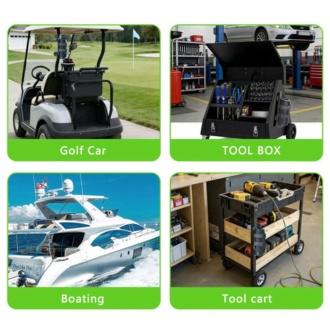 Magnetic Speaker Mount for Golf Carts Boats ATVs and UTVs Easy Strap Rail Mount on golf cart and toolbox for secure speaker setup.