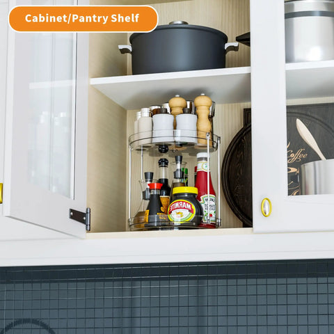 Two Tier Lazy Susan Turntable For Cabinets And Pantry 9.5 Inch Diameter Double Rotating Kitchen Spice Rack Organizer in cabinet