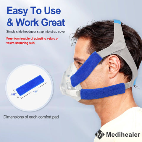 16 Pack Universal CPAP Headgear Strap Covers With Reusable Soft Fleece Pads To Reduce Red Marks And Boost Comfort shown on model