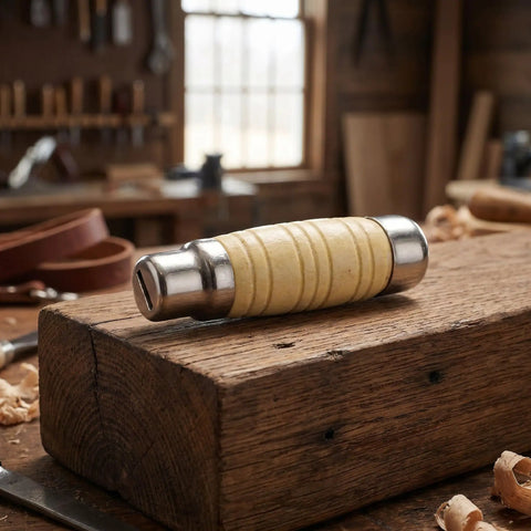 DIY Replacement Wooden Handle for Japanese Knife, ergonomic round grip, beige wood, on a workbench in a workshop setting