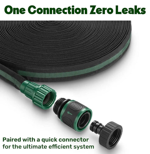 Flat Soaker Hose 50ft for Garden Beds and Lawns with Quick Connect Heavy Duty Leakproof Drip System close-up with connector