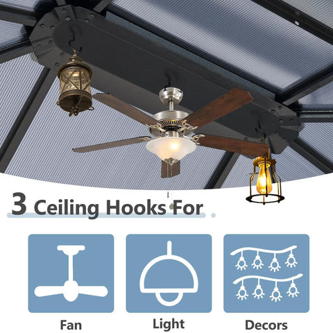 Interior view of aluminum gazebo roof showing ceiling hooks for fan, light, and decor in 10x12 Hardtop Aluminum Framed Outdoor Gazebo With Double Polycarbonate Roof For Patio And Garden Hangout Ready Durable Pavilion With Curtains And Netting, UV Protection And Easy Setup For Lawn And Backyard.