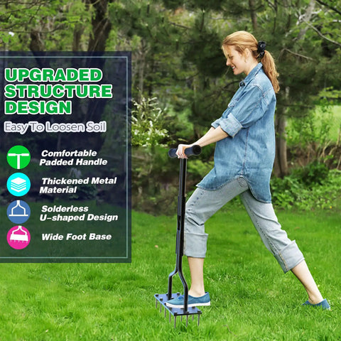 Woman using Heavy Duty Lawn Aerator Spike Tool With 15 Thick Iron Spikes 36 Inch Manual Ground Aeration for lawns and yards