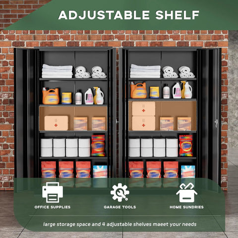 Tough Black Locking Metal Storage Cabinet With Doors showing organized shelves filled with supplies