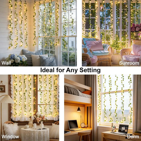 Ivy Vines Curtain Lights With 200 LEDs for bedroom dorm wall indoor outdoor showcasing wall, sunroom, window, dorm settings.