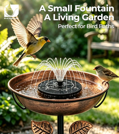 Solar Bird Bath Fountain With LED Lights And Battery Backup No Fuss Floating 6.3 Inch Pump For Pond Garden And Outdoor Decor 9V2W Panel 5 Nozzles Powerful Water Spray Works On Cloudy Days in use with birds around it.