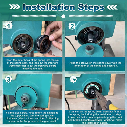 Installation steps for Three Pack Drill Press Springs, showing insertion and alignment process on drill press machine.