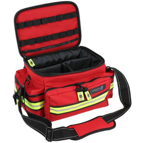 Lightning X mid-sized EMT bag, red with reflective lime-yellow stripes and front patch, open compartments.