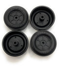 Close-up of black wheels from Bulk Pinewood Derby Car Kits Pack Of 12 With Wheels And Axles, Burr Free Axles For Speedy Races