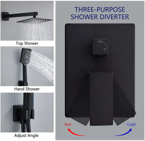 8 Inch High Pressure Rain Shower System With Tub Spout And Black Square Shower Head And 2 Setting Handheld Faucets Wall Mounted Valve Kit For A Dope Modern Bathroom showing shower diverter and settings.