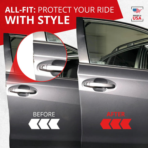 All-Fit clear car door edge protector, 10 ft, side view with inset close-up of door edge installation