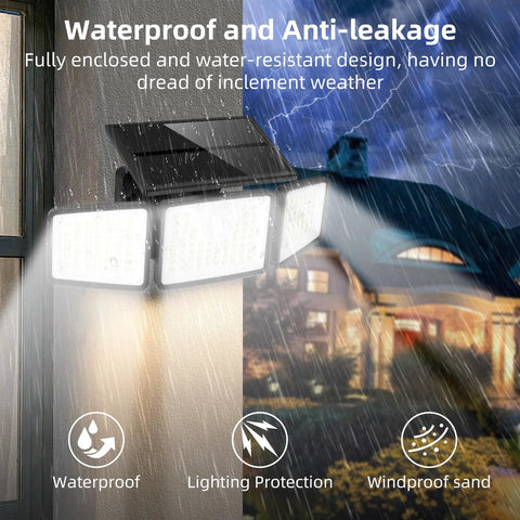 Three-head solar outdoor security light with motion sensor, wall-mounted; black IP65 waterproof.