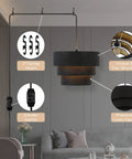 Plug In Pendant Light With Fabric Shade Three Tier Layered Hanging Lamp in living room with dimmer and ceiling hooks