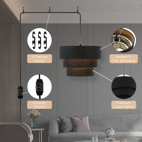 Plug In Pendant Light With Fabric Shade Three Tier Layered Hanging Lamp in living room with dimmer and ceiling hooks