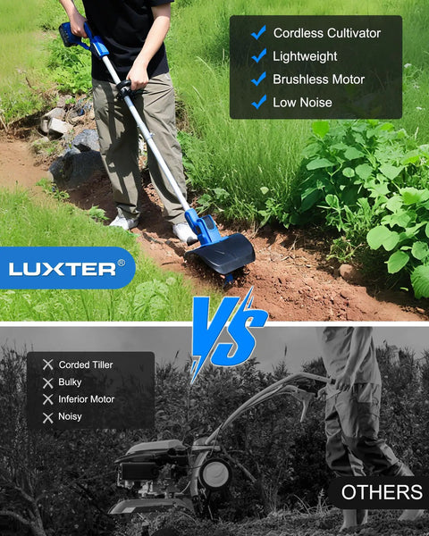 Person using Cordless Garden Tiller 20V No Cord Hassle With 8.6 Inch Cultivator Head for easy ground breaking.