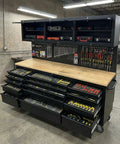 72 Inch Rolling Tool Chest With Upper Cabinet And Pegboard On Wheels, 18 Drawer Beefy Heavy Duty Tool Storage Cabinet Plus Wooden Workbench, Lockable Steel Toolbox For Garage Or Shop Or Warehouse, Durable Black Finish, open drawers