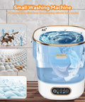 Game Changing Portable Washing Machine That Doubles As A Folding Mini Washer With Fast Spin Dryer And 20 Liters For Delicates Socks And Workout Gear Clean On The Go Without The Drama Featuring Blue Light Tech showing deep cleaning features.