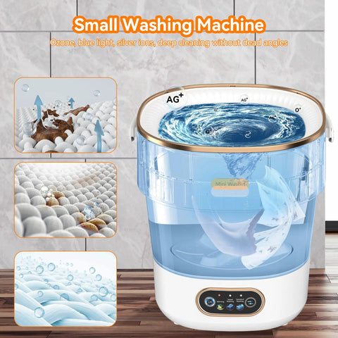 Game Changing Portable Washing Machine That Doubles As A Folding Mini Washer With Fast Spin Dryer And 20 Liters For Delicates Socks And Workout Gear Clean On The Go Without The Drama Featuring Blue Light Tech showing deep cleaning features.