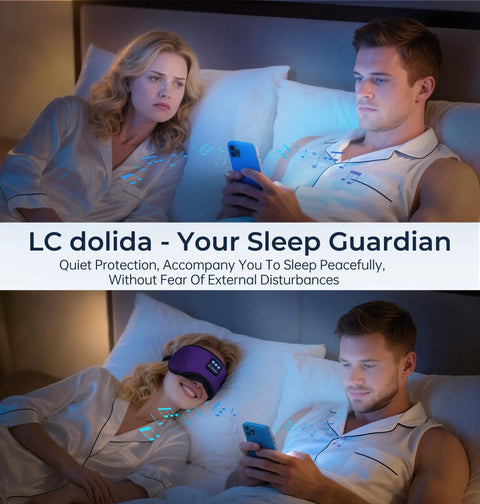 Couple in bed, woman wearing purple Bluetooth Sleep Mask With White Noise And Wireless Headphones, breathable fabric, night use.